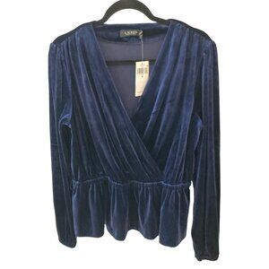 NWT Lauren Ralph Lauren Navy Velvet Long Sleeve Peplum Blouse Top Size Medium.